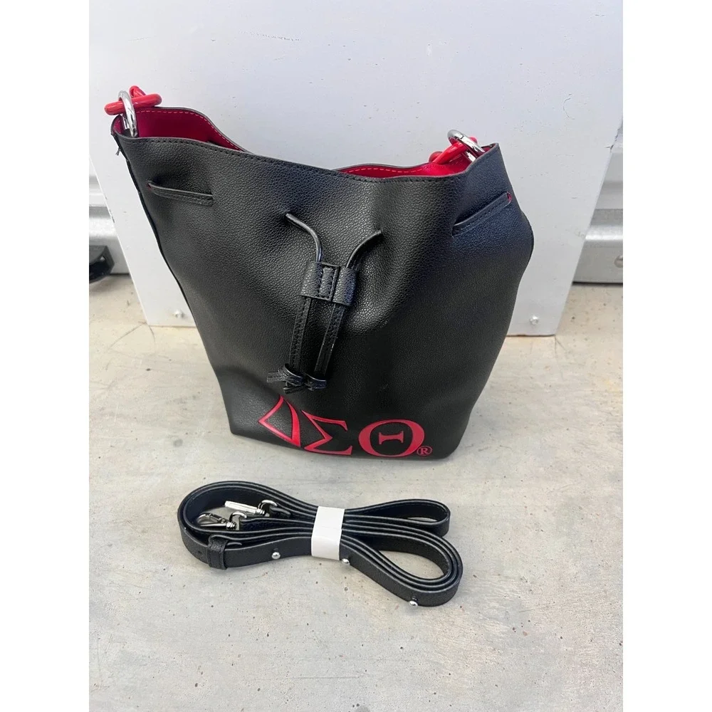 Delta Sigma Theta Sorority Bucket Bag Womens Black Red Leather Para NWOT